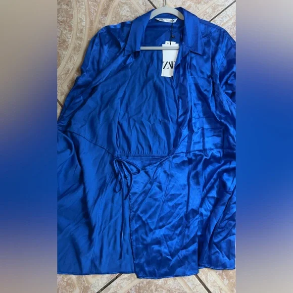 Zara Blue Wrap Around Long Sleeve Dress with Elegant Draping - Picture 8 of 11